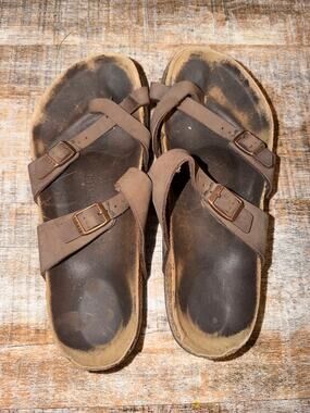 Birkenstock Mayari Birko-Flor Leather Comfort Sandals Slip On Brown Size 40 US 9